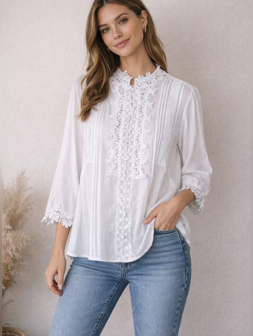 Mazik White Lace Blouse Womens Large Boho Sheer Embroidered Pintuck Top NWT